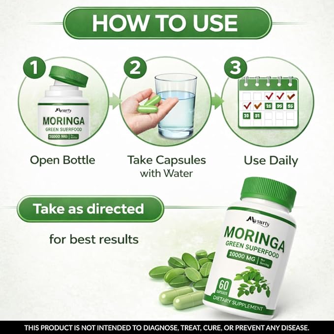 Moringa Capsules | Moringa Powder Organic | Moringa Supplement | 10000MG Moringa Leaf Extract, Complete Green Superfood, Skin & Health, Immune System-60 Count (Pack-5)