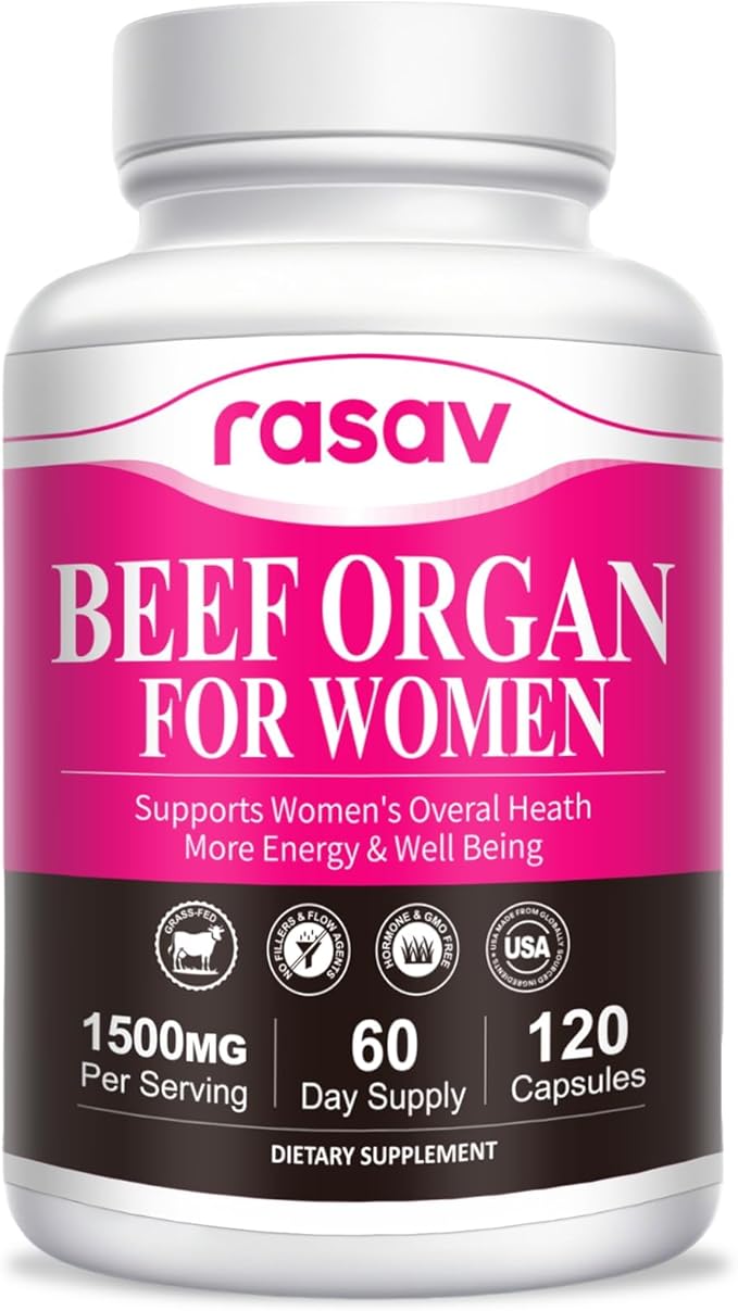 Rasav Beef Organ Supplement for Women - Supports Hormone Balance, Ferritin & Energy Levels - Grass-Fed Beef Liver, Kidney, Heart, & More - 120 Capsules