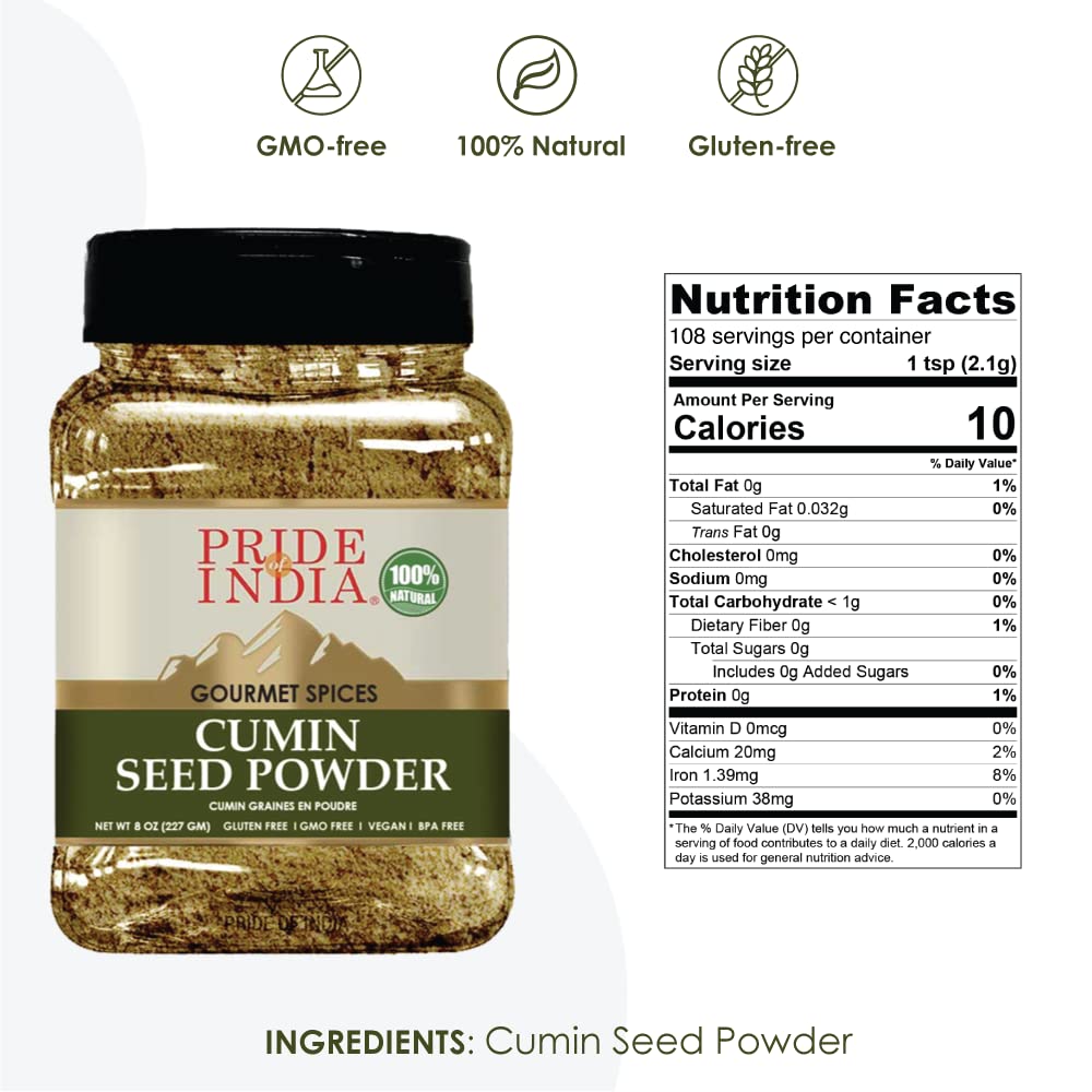 Pride of India - PACK of 6 - Cumin Seed Ground – Traditional Indian Spice – Seasoning spice for Curries/Lentils/Chicken/Meat – Easy to Store – 8oz. Medium Dual Sifter Bottle