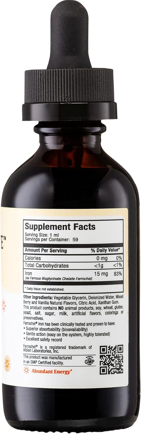 Maxi Health Women, Men and Kids Liquid Iron Supplement - 15 mg Per ML Berry Flavored - High Potency - Easy to Mix for Immediate Absorption - Increase Energy Without Nausea - 2 fl Ounces