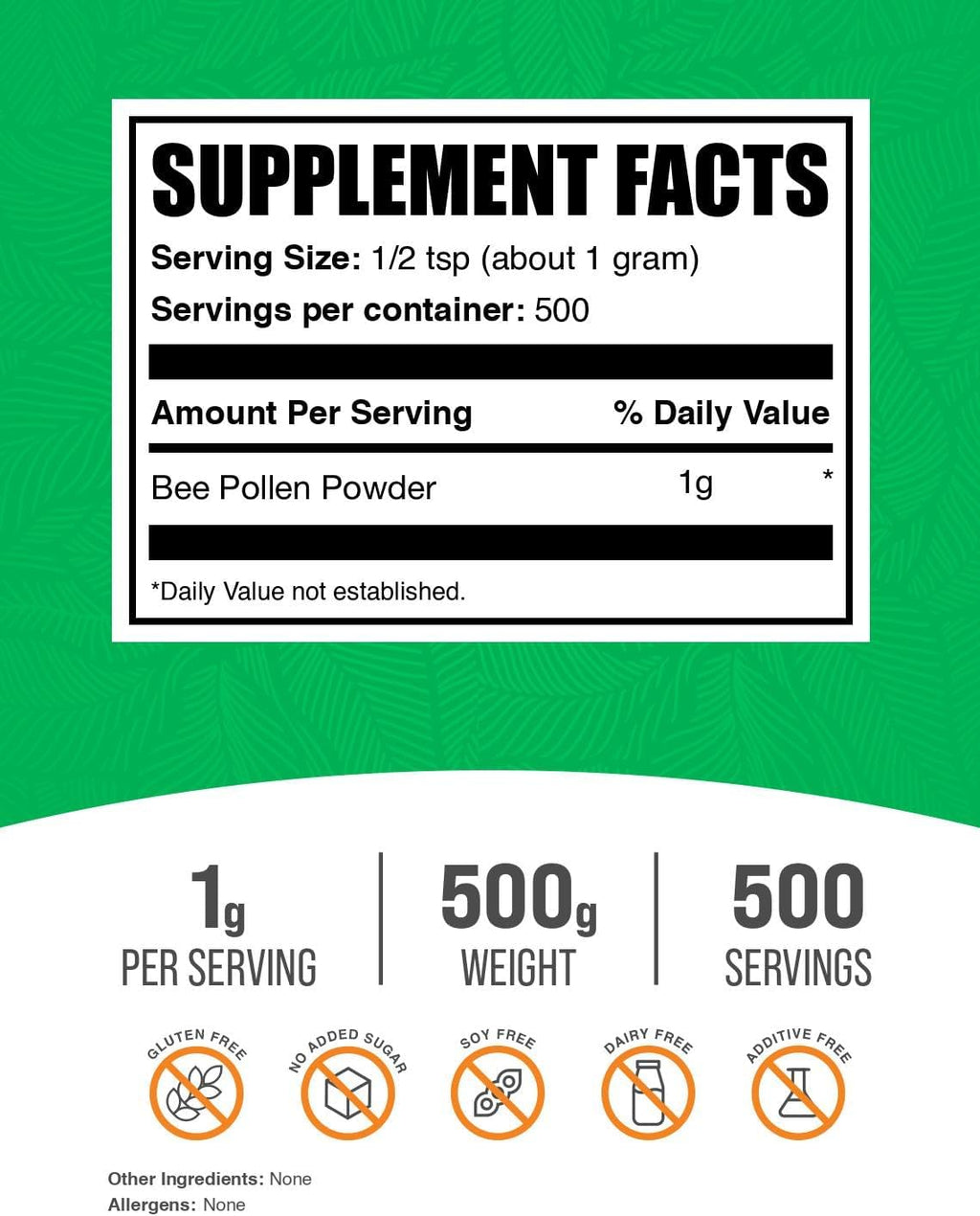 BulkSupplements.com Bee Pollen Powder - Superfood Supplement, Bee Pollen Supplement, for Immune Support - Gluten Free, 1g per Serving, 500g (1.1 lbs) (Pack of 1)