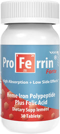 Proferrin Forte-12mg of high Absorbing Heme Iron Polypeptide. Easy on The Gut. 30 Tablets. 1mg of Folic Acid to aid in red Blood Cell Production. Not affected by Coffee, Calcium, or PPI's.