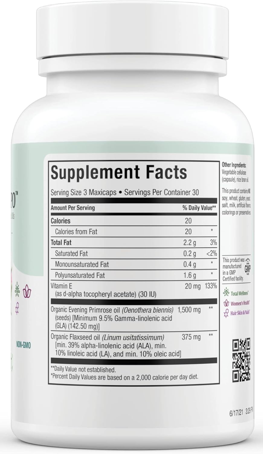 Maxi Health Women's Organic Evening Primrose Oil Capsules 1500mg - EPO Gamma Linolenic Acid Supplement - PMS & Hot Flashes Menopause Relief - GLA Hormonal Acne Supplements (90 Count)