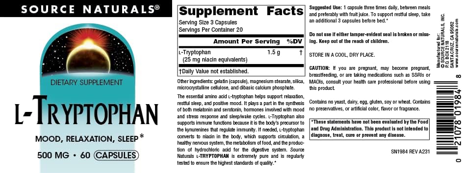 Source Naturals L-Tryptophan, for Mood, Relaxation, and Sleep*, 500mg - 60 Capsules