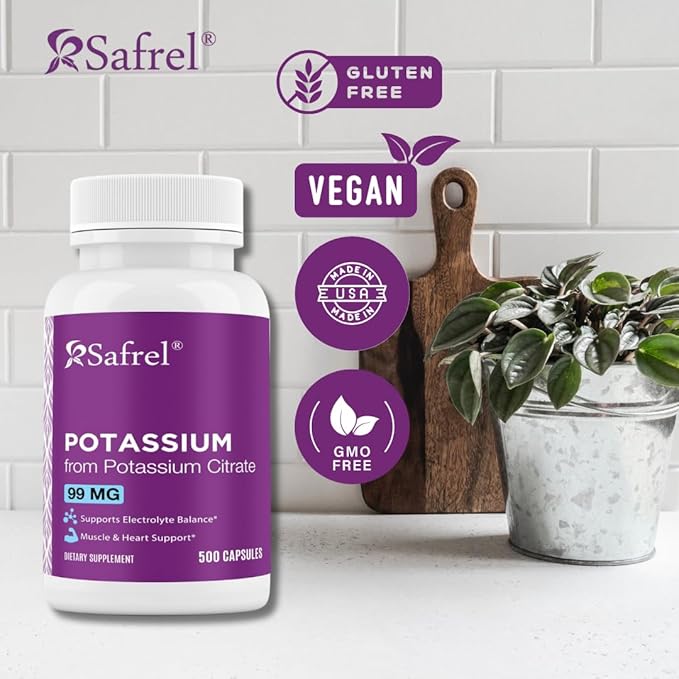 Safrel | Potassium Citrate Capsules | 500 mg Potassium Citrate + 99 mg Potassium | 500 Servings | Electrolyte Balance Support | Vegan Non-GMO | Gluten Free Halal