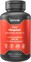 Naturalis Ubiquinol 100mg Active CoQ-10 Emulsified in MCT Oil for Better Absorption | Gluten Free, Non-GMO & Soy-Free | Cardiovascular Wellness, Antioxidant Protection, and Healthy Skin*| 120 Softgels
