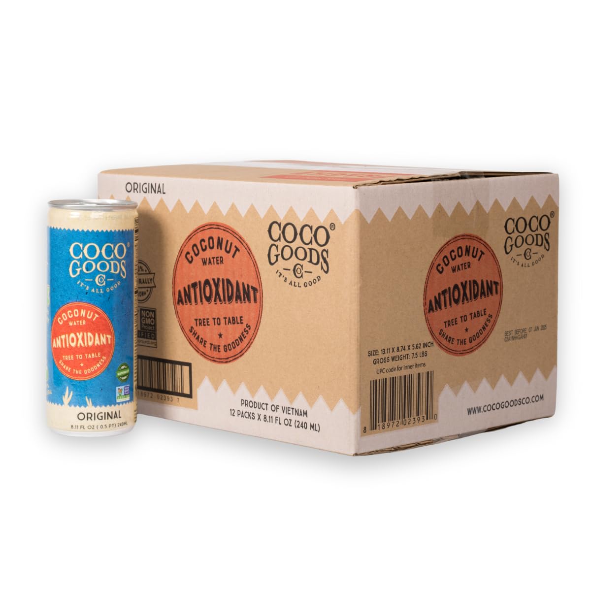 CocoGoodsCo Antioxidant Drink with Coconut Water, Original – 35mg Natural Caffeine, 0g Sugar, Naturally Sweetened, 10 Calories, with Green Coffee & Vitamin E – 8.11 fl oz Cans (12 Pack)