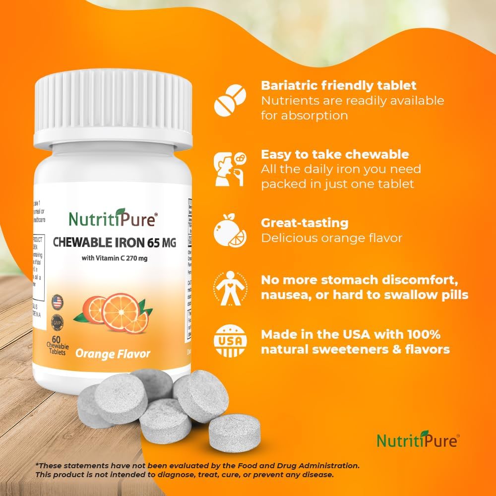 Chewable Iron 65 mg with Vitamin C 270 mg - Tablet in Orange Flavor 60 Count (2)