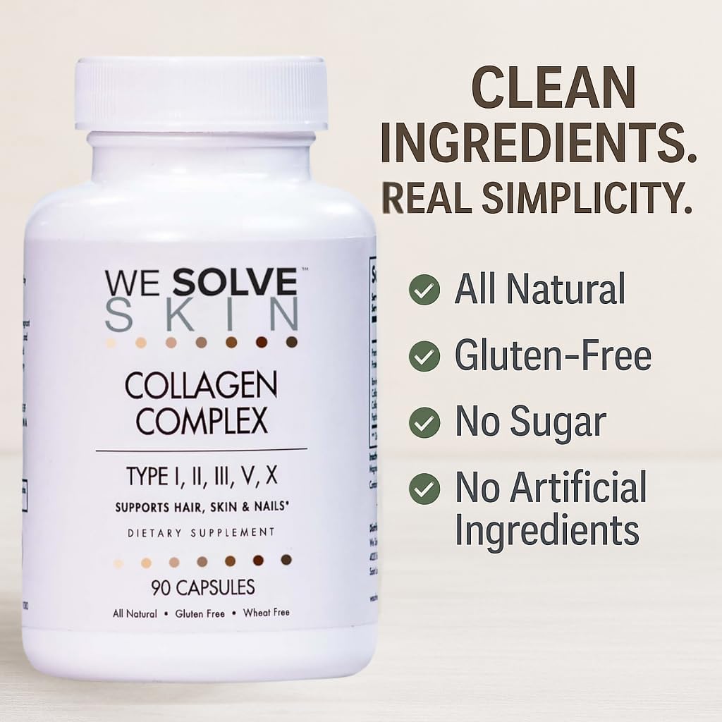 Multi Collagen Peptides Pills for Women & Men – Types I, II, III, V, X – Hydrolyzed Marine & Chicken Collagen – Bovine Collagen I & III – Hair, Skin, Nails, Joints & Bones – Gluten-Free – 90 Capsules