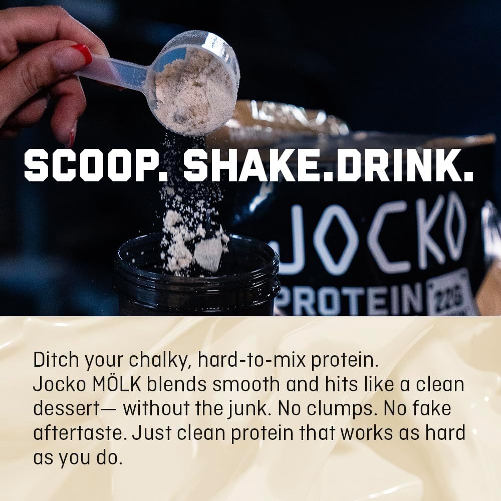 Jocko Fuel Mölk Whey Protein Powder 22g Protein - 95mg of Caffeine - Low Sugar Monk Fruit Blend - Muscle Recovery & Growth, Packaging May Vary (28 Servings, Coffee & Donuts)