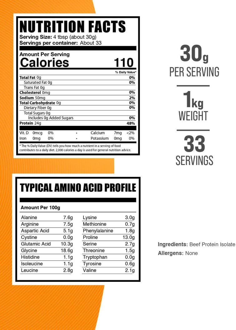 BulkSupplements.com Beef Protein Isolate Powder - Lactose Free Protein Powder, Beef Protein Powder - Unflavored & Gluten Free, 30g per Serving, 1kg (2.2 lbs) (Pack of 1)