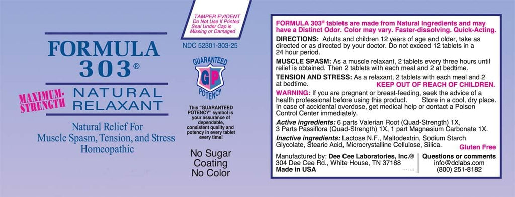 Dee CEE Labs Formula 303 Maximum Strength Tablets, 90 Tablets; All-Natural containing Magnesium for Sore Muscles, Passion Flower, and Valerian Root