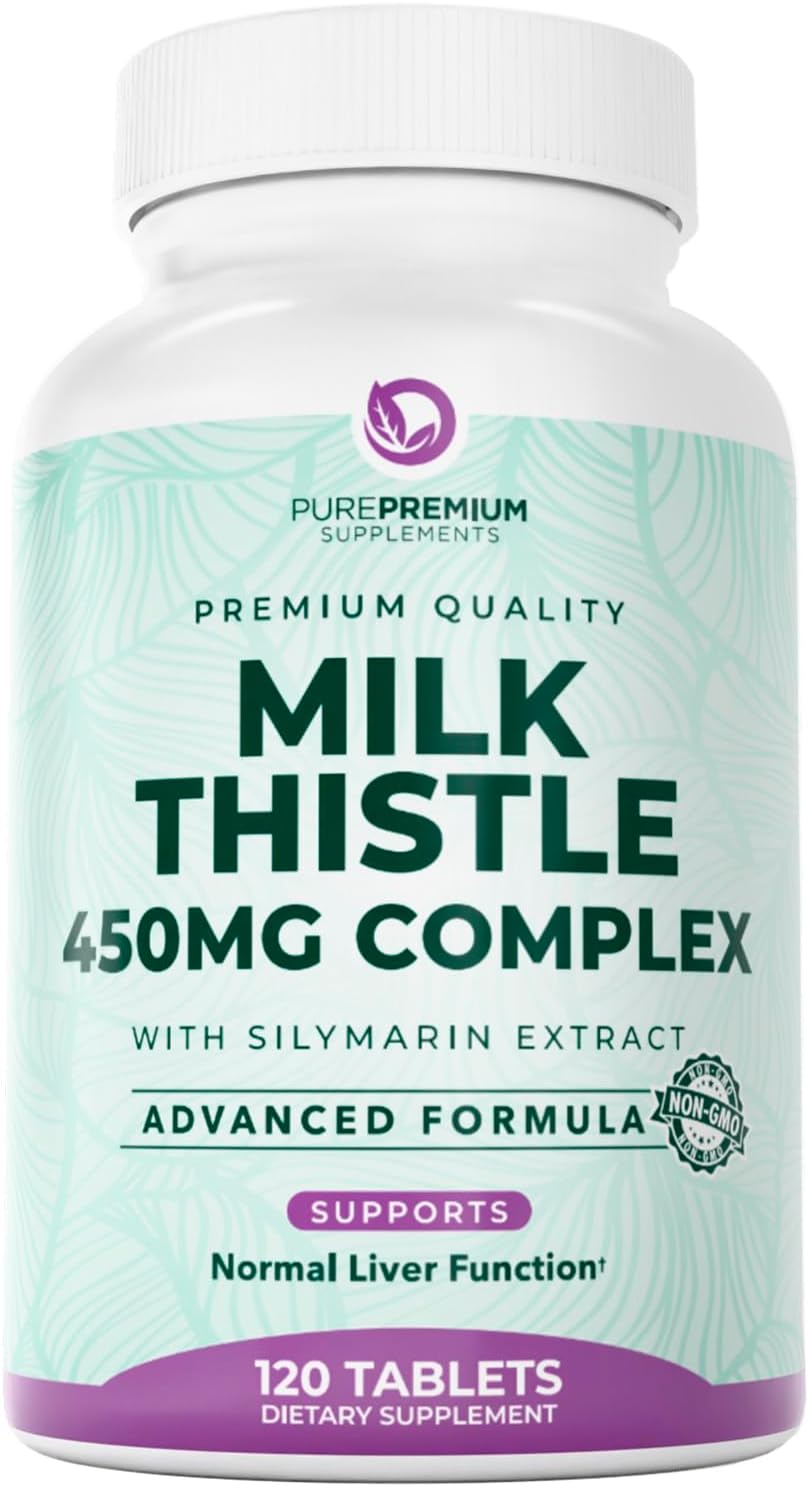 PurePremium Milk Thistle Supplement, 120 Tablets, 80% Silymarin Standardized Extract - High Potency Pure 450mg Complex – Supports Normal Liver Function & Overall Health – Non-GMO, Gluten-Free