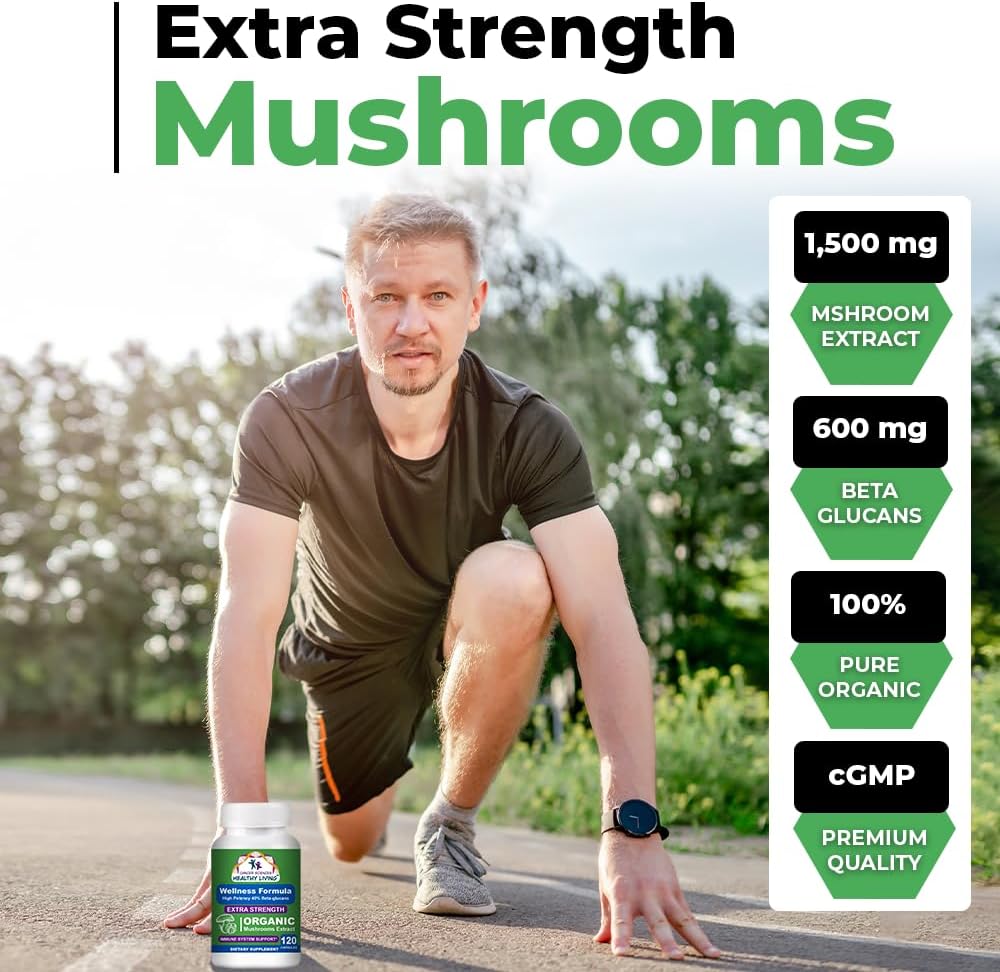 Cancer Sciences Organic Mushroom Supplement Capsules - 1,500mg Non-GMO Wellness Mushroom Complex 40% Beta-Glucans -Turkey Tail, Reishi, Cordyceps, Chaga Extract for Brain & Immune Support 120 Capsules