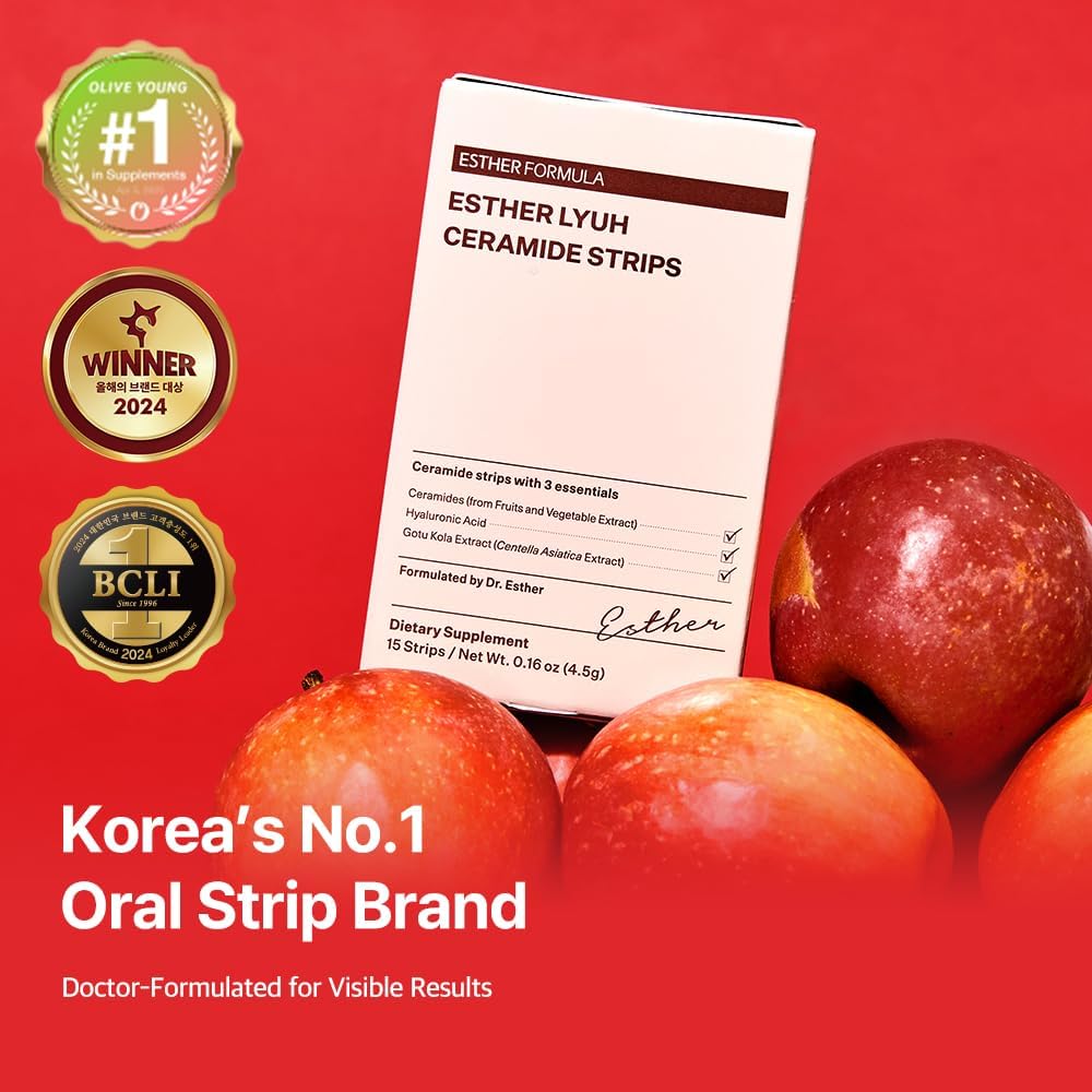 ESTHER FORMULA Ceramide Strips (300mg×15) Fast-Absorbing Oral Film with Phytoceramides & Hyaluronic Acid for Skin Hydration, Skin Barrier Support & Elasticity – Korean Beauty Supplement | Made in USA