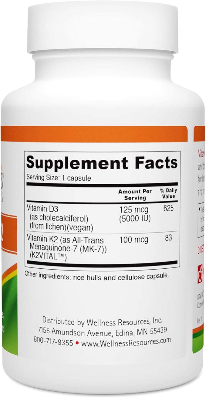 Wellness Resources Vegan Vitamin D3 5000 IU and Vitamin K2 100 mcg, 2 in 1 Vitamin D3 K2 MK-7 for Bone Health, Immunity & Arterial Health, Plant Based D3 MK7, Vitamin D Third Party Tested 60 Capsules