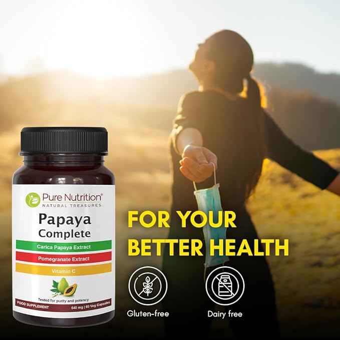 Pure Nutrition Papaya Complete | 120 Caps | Carica Papaya Leaf Extract with Iron, VIT C, VIT A & Folic Acid | Supports Platelet Immunity & Digestion Non-GMO | Gluten-Free
