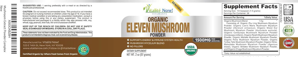 Organic 11 Mushroom Powder - USDA Certified - Lion's Mane, Reishi, Cordyceps, Maitake, Shiitake, Turkey Tail, Chaga, Zhuling, Wood Ear, Poria Cocos, Hime-Matsutake - Immunity & Energy, No filler