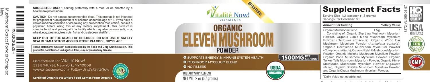 Organic 11 Mushroom Powder - USDA Certified - Lion's Mane, Reishi, Cordyceps, Maitake, Shiitake, Turkey Tail, Chaga, Zhuling, Wood Ear, Poria Cocos, Hime-Matsutake - Immunity & Energy, No filler