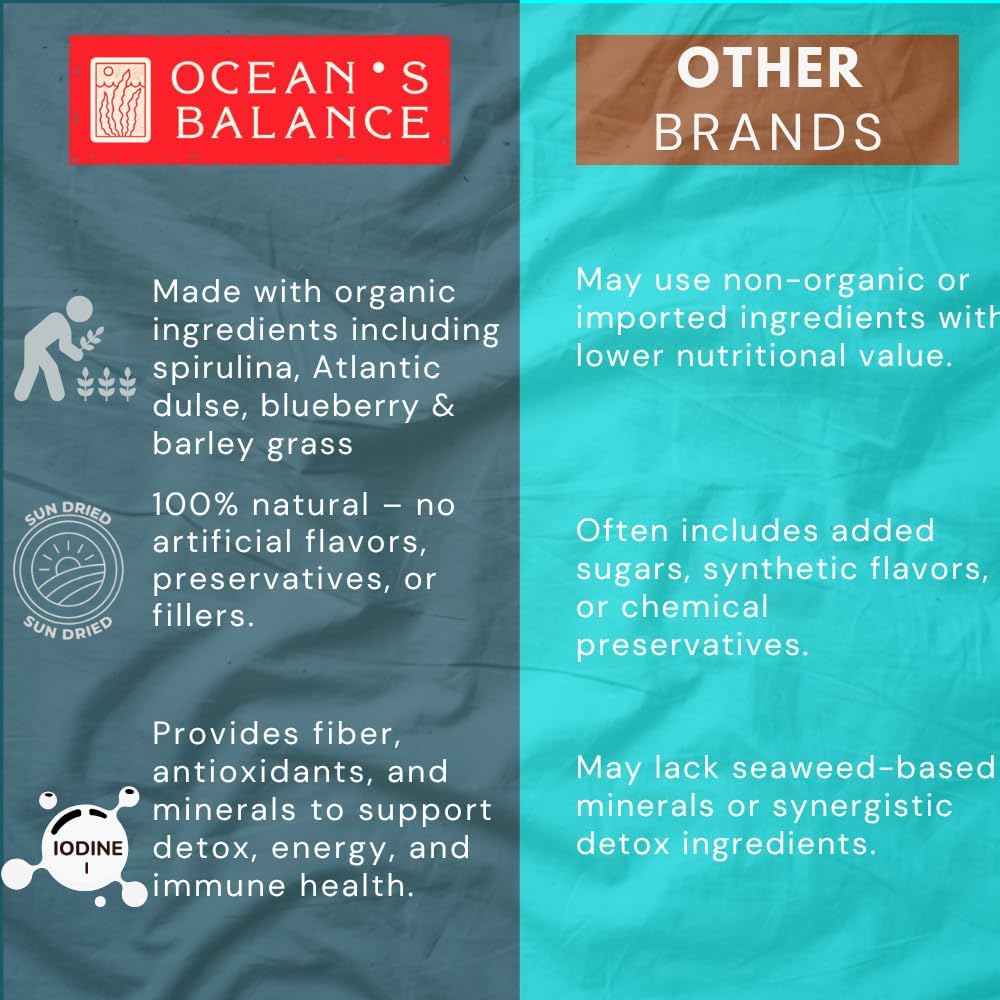 Ocean's Balance Daily Cleanse Smoothie Powder – Organic Blend with Blueberry, Spirulina, Dulse Seaweed & Barley Grass – Nutrient-Rich Superfood Smoothie Mix (4 oz - 3 Pack)