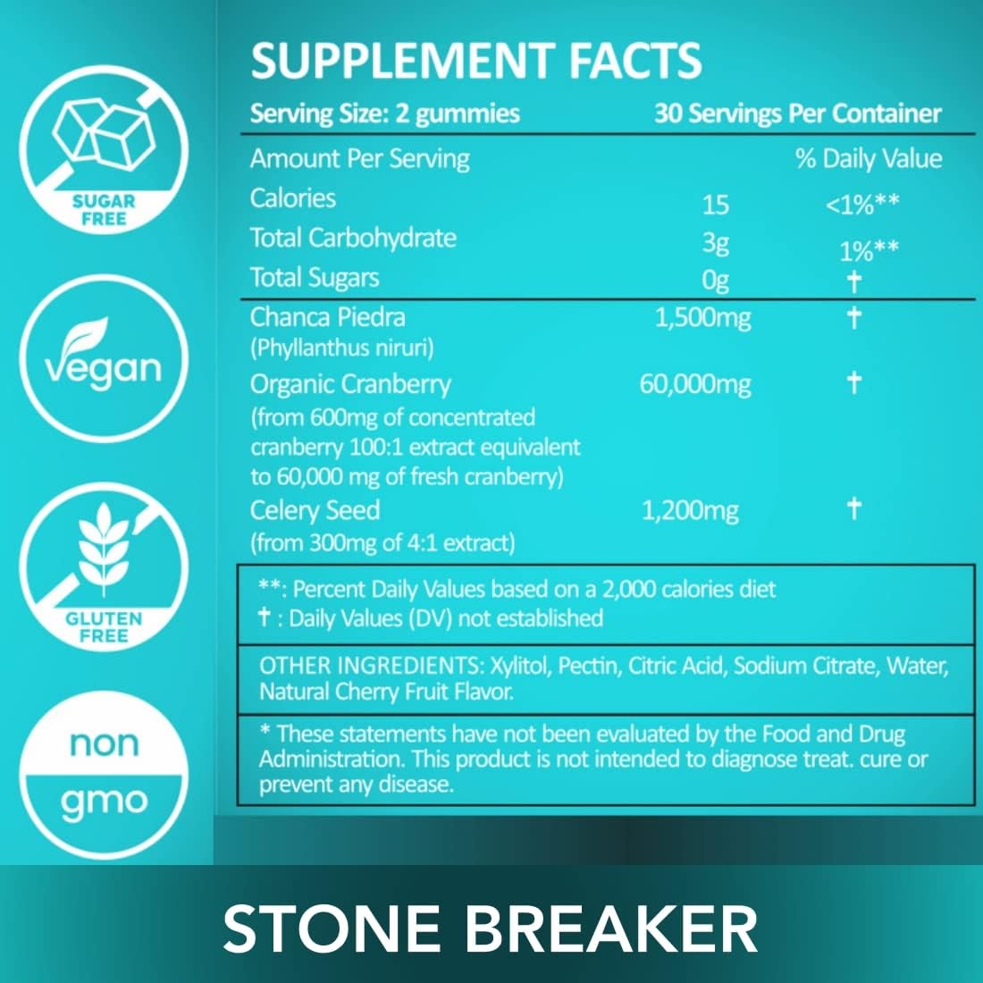 Stone Breaker Chanca Piedra 1,500mg Gummies Kidney Stones Cleanse Gallbladder Formula | Plus Cranberry Extract Might Help Urinary Tract Flush Impurities | Fast Absorption Sugar Free 60ct