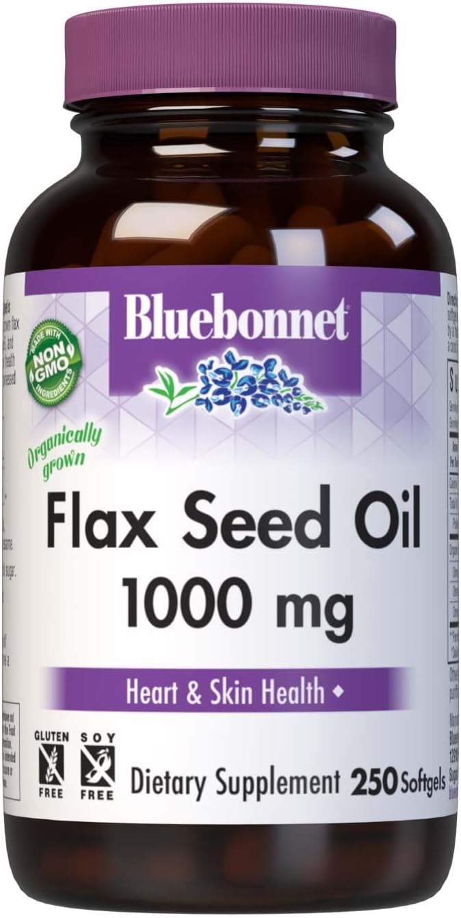 BlueBonnet Flax Seed Oil 1000 mg - Omega 3 6 9 Fatty Acids Heart Health & Skin Support for Women & Men - Cold-Pressed, Organic Flaxseed Oil Capsules - Non-GMO, Gluten-Free, Soy-Free - 250 Softgels