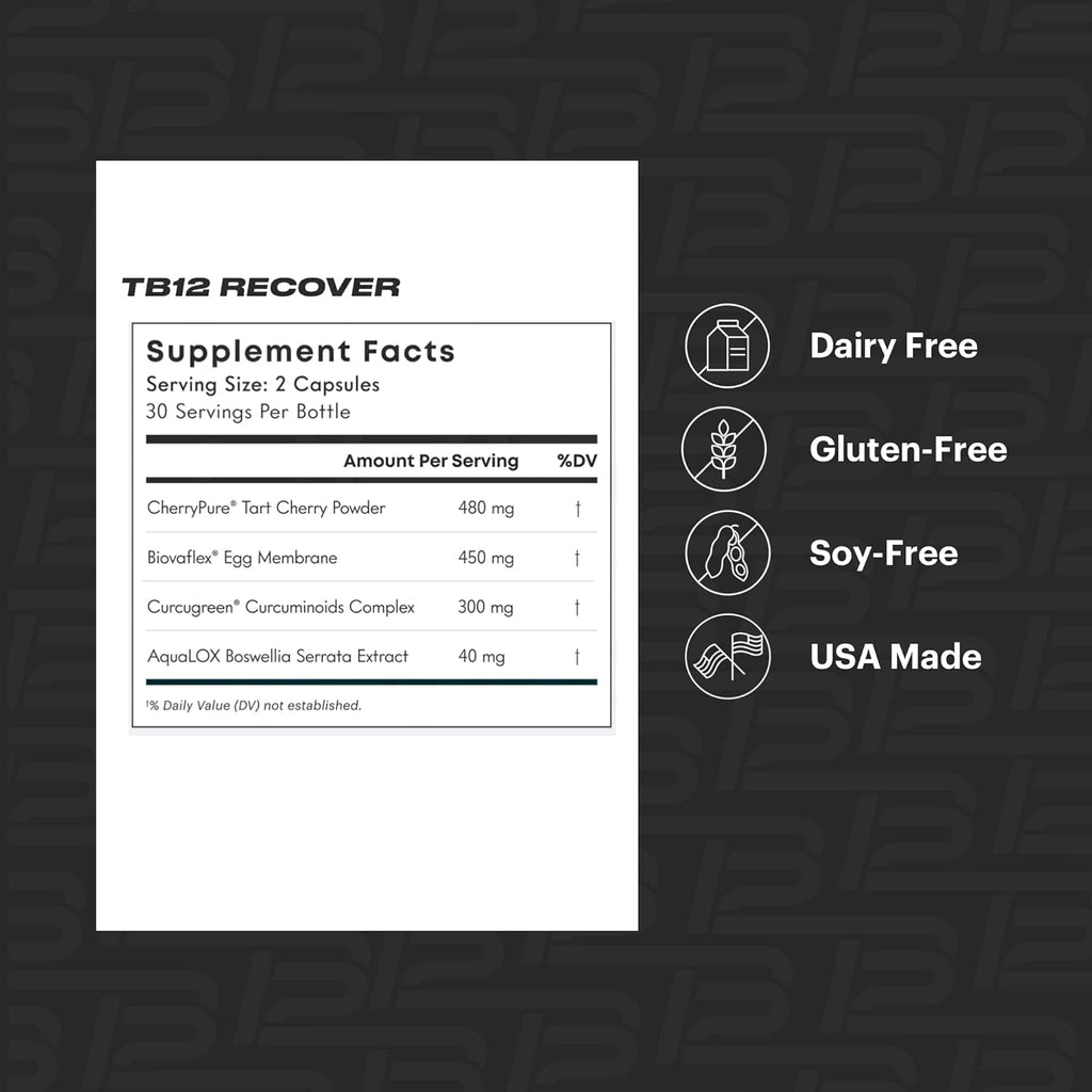 TB12 Recover - Premium Natural Recovery Supplement with Tart Cherry, Egg Membrane, Curcumin, and Boswellia to Support Muscle Recovery, and Joint Mobility
