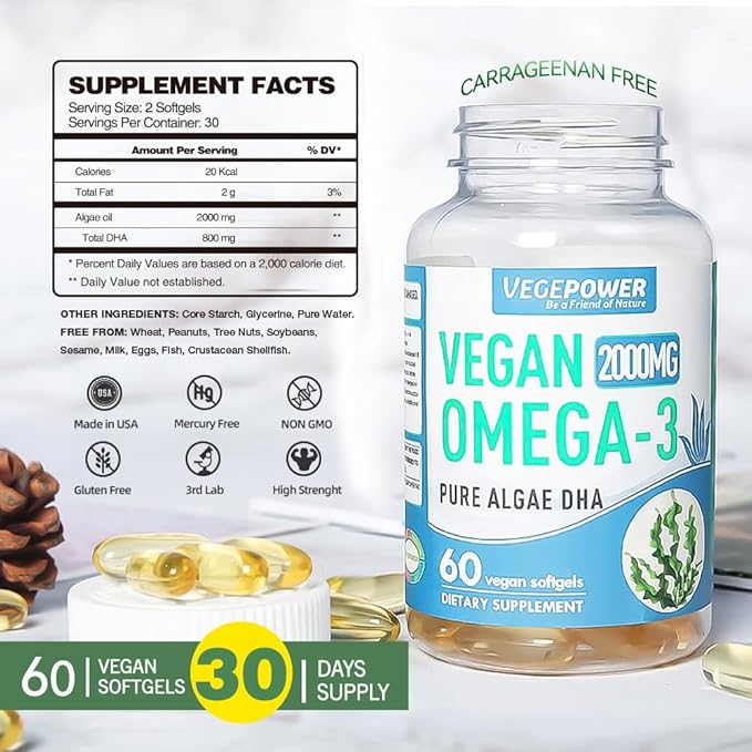 Vegan Omega 3 DHA Supplement - Algae Oil, Plant Based DHA 800mg, Carrageenan Free, Replacement for Fish Oil, Supports Heart, Brain, Joint Health - 60 Softgels