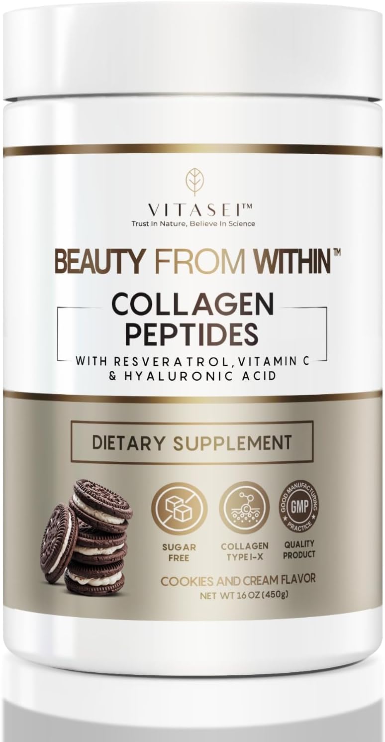 VITASEI Hydrolyzed Collagen Peptides Powder with Resveratrol & Vitamin C – Hair, Skin & Joint Support – Colágeno Hidrolizado for Women & Men – Delicious Cookies & Cream Flavor, 16 oz (30 Servings)