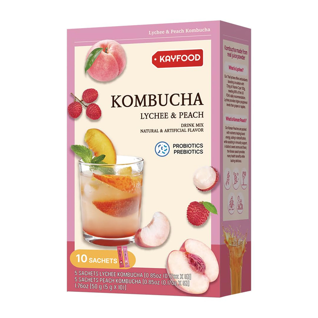 KAYFOOD-Kombucha-Peach-Garden-Daily Zero Sugar, Diet, Gut Healthy Sparkling Beverage, Fermented Korean Drinks for Iced, Hot, Workout Tea (10ST) (10ST, Lychee&peach)