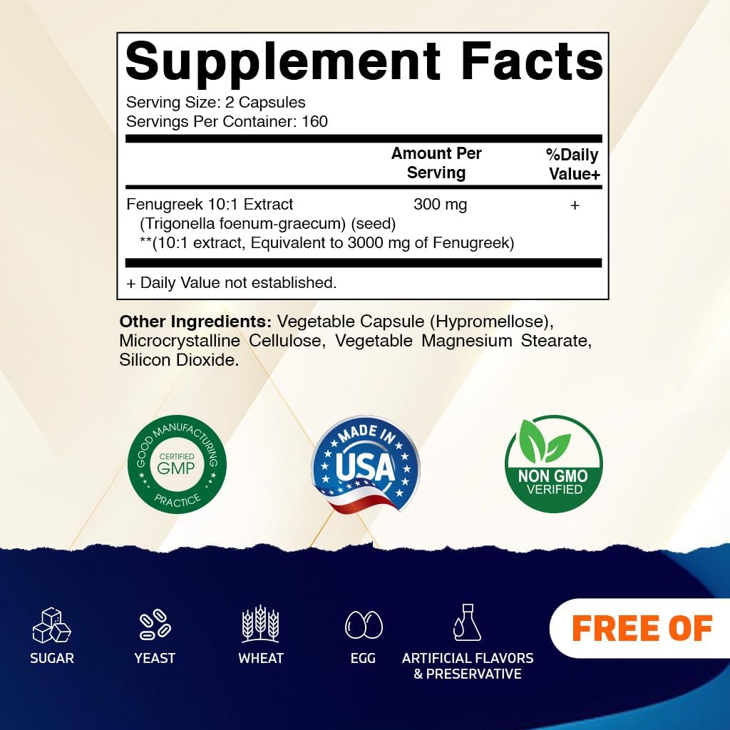Vitamatic Fenugreek Capsules Extra Strength 3000 mg Equivalent Per Serving (from 10:1 Extract 300 mg) - Trigonella Foenum-Graecum - Methi Seeds Powder Pills - 320 Vegetarian Capsules - 2 Pack