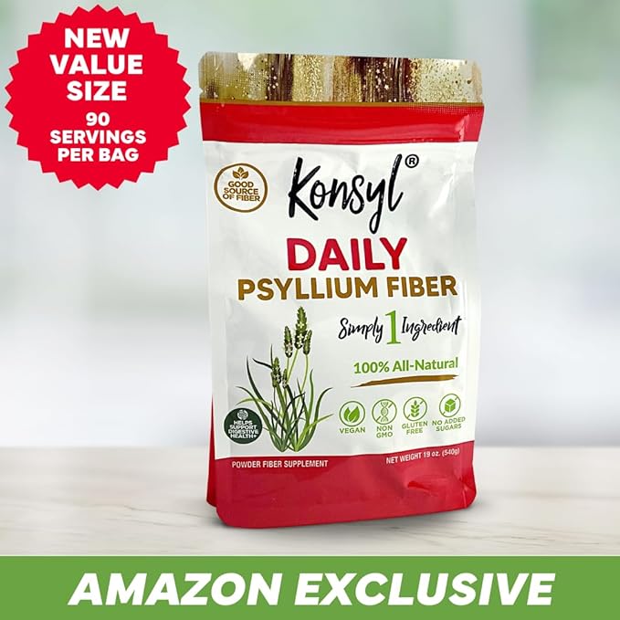 Konsyl Daily Psyllium Fiber Powder | 100% All-Natural Psyllium Husk for Gut & Digestive Health | No Sugar, No Fillers 90 Servings (540g)