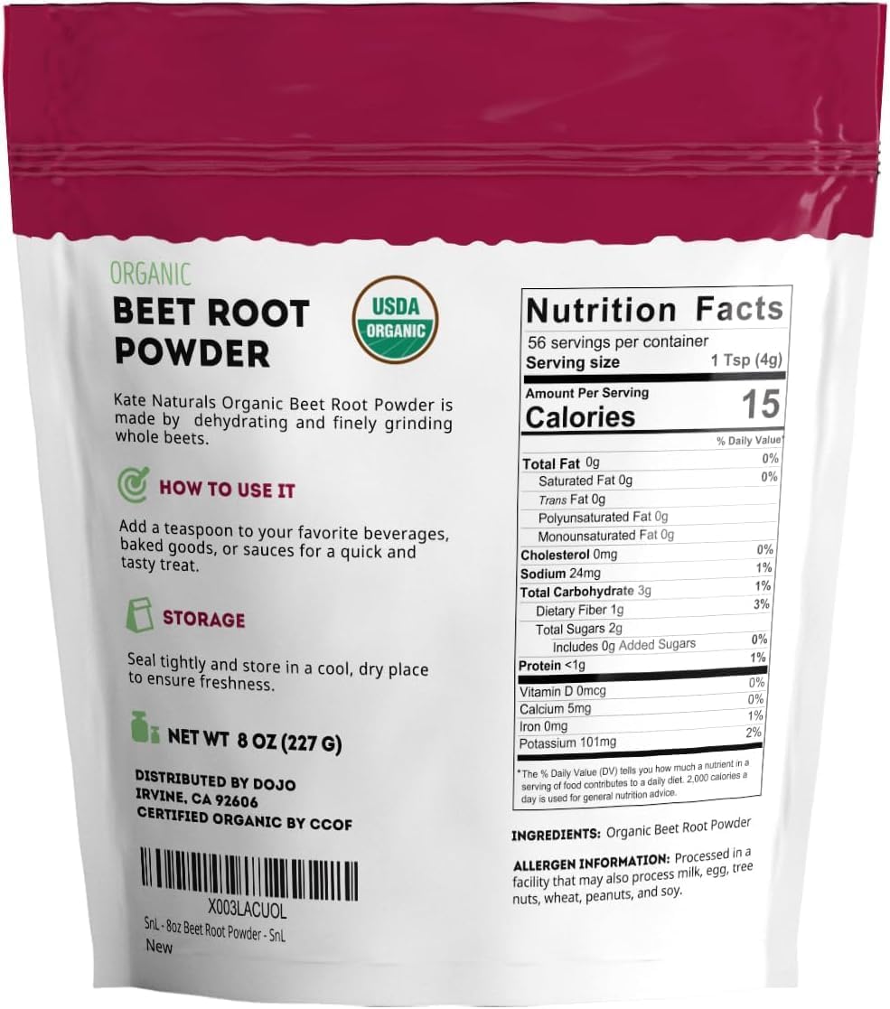Kate Naturals Organic Beet Root Powder for Smoothies, Baking & Juice. Raw Beetroot Superfood Extract & Natural Red Food Coloring & Nitric Oxide (8oz, Non-GMO, Earthy Flavor)