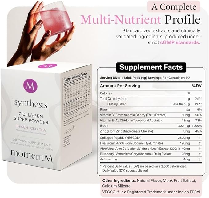 momentM Synthesis Plant Based Collagen for Women & Men - Peptides Powder for Hair, Skin, Nails and Joints - Vegan Hydrolyzed Collagen Peptides Powder with VEGCOL® - Peach Iced Tea (30 Stick Packs)
