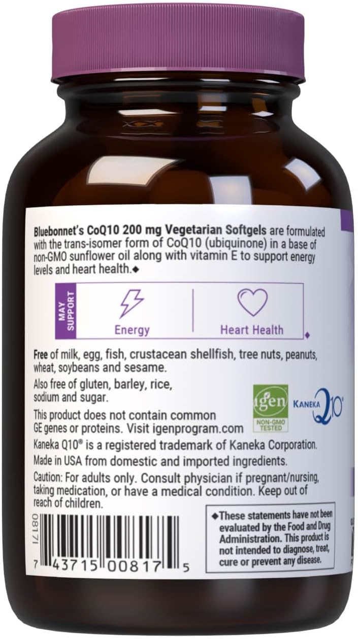 Bluebonnet Nutrition CoQ10 200mg Softgels - Antioxidant-Rich Energy & Heart Supplement for Women & Men - CoQ-10 Ubiquinone With Vitamin E - Non-GMO, Soy & Gluten-Free - 60 Vegetarian Softgels