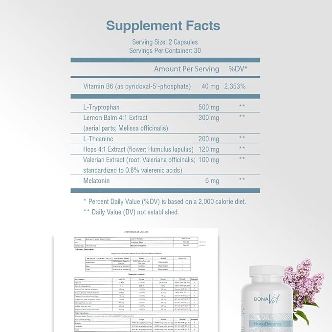 Natural Sleep Aid - with Melatonin 5mg, Valerian, L-Tryptophan & L-Theanine - Sleep and Wellness Supplement - Natural Vegan Supplement with no Additives - 30 Servings - BonaDreams
