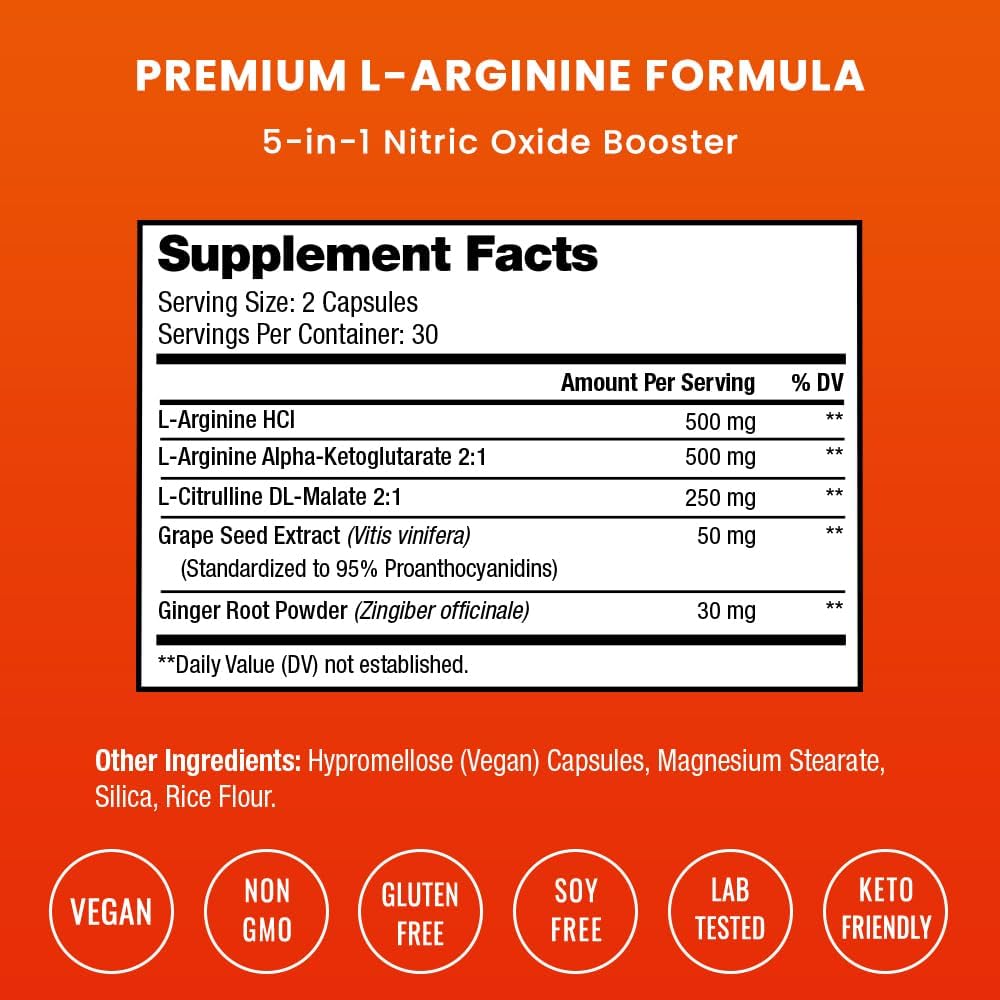 NutraChamps Premium L Arginine Supplement, 5-in-1 Nitric Oxide Supplement, L-Arginine Powder & L Citrulline Enhanced with Grape Seed & Ginger, Energy, Blood Flow, 60 Vegan Capsules