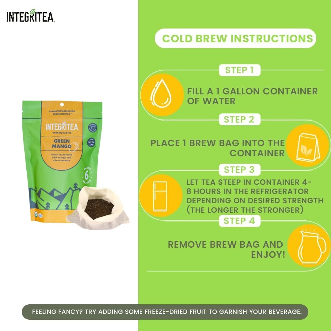 IntegriTEA Green Mango Flavored Green Tea, 6 Organic Unsweetened Iced Tea Bags, 6 Gallons, Hot or Cold Brew, Fairly & Sustainably Sourced