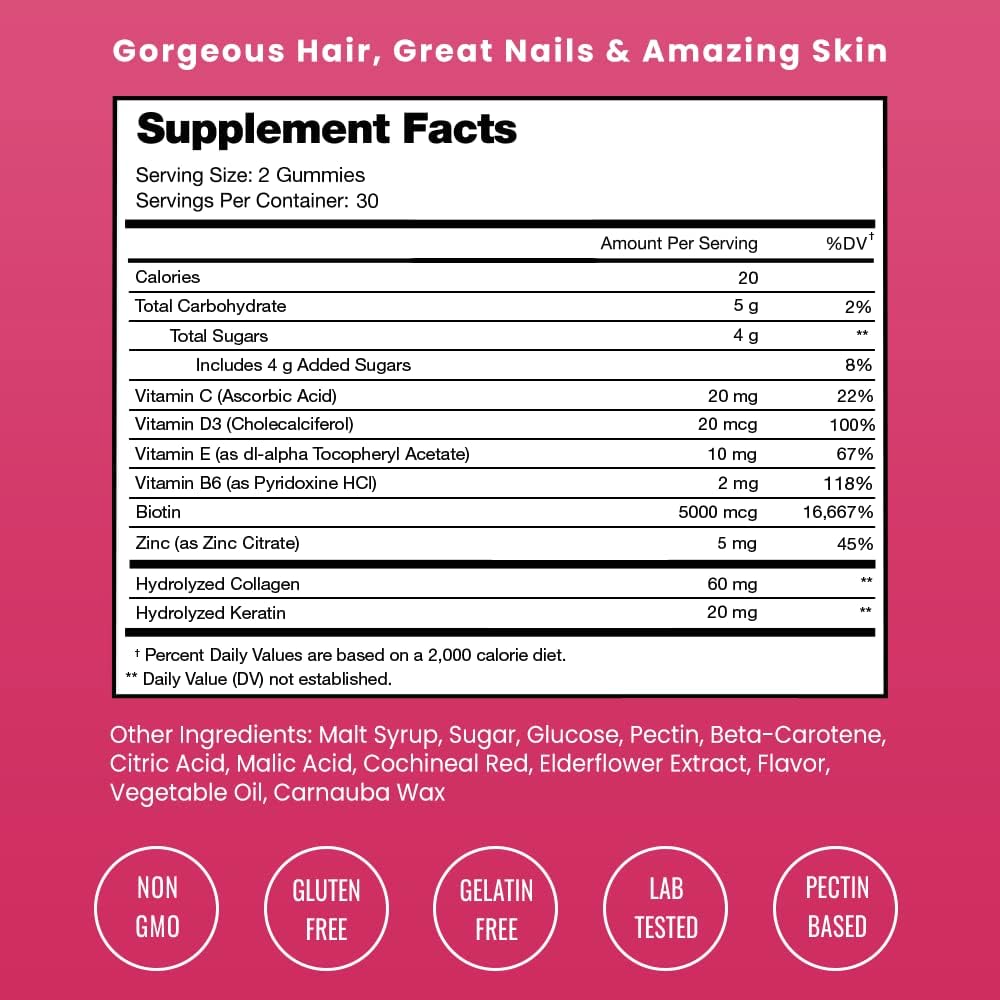 NutraChamps Hair Skin & Nails Gummies, Biotin with Collagen & Keratin, 5000mcg Biotin Beauty Complex, Vitamin Supplement, Berry, 120 Count, Healthy Hair, Radiant Skin & Strong Nails (Pack of 2)