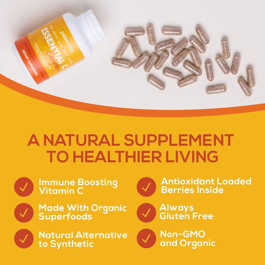 Paleovalley Essential C Complex - Vitamin C Supplement for Immune Support - 1 Pack, 450mg - Organic Superfoods Unripe Acerola Cherry, Camu Camu, Amla Berry - No Synthetic Ascorbic Acid - USA Made