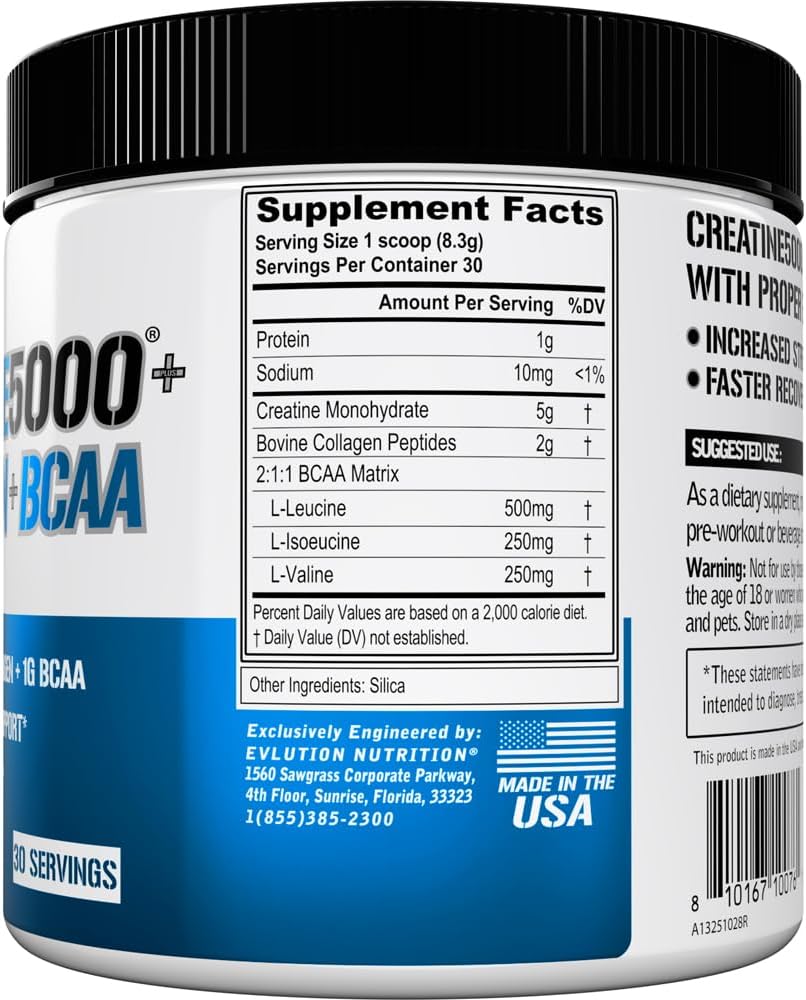 Evlution Nutrition Creatine 5000 + Collagen + BCAA - for Women - Supports Lean Muscle Growth - 5g Creatine Monohydrate, 2g Collagen Peptides & 1g BCAAs Per Serving - 30 Servings - Unflavored Powder