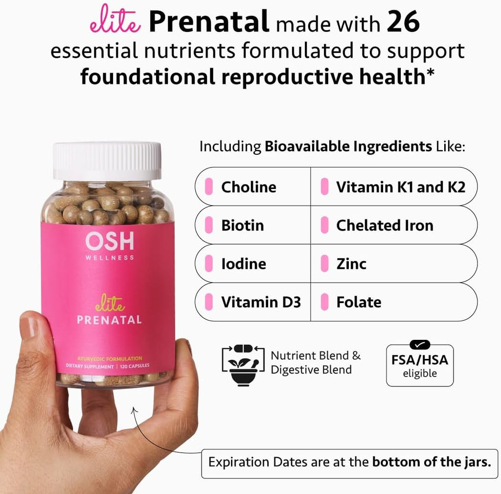 Ayurvedic Elite Prenatal Vitamins with Folate, Choline, Iron, Iodine & more | Made in USA | Optimal Bioavailability | Supports Baby's Growth and Brain Development | 30 Day Supply - OSH Wellness
