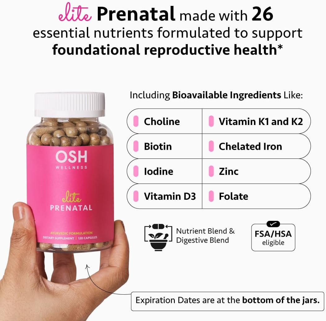 Ayurvedic Elite Prenatal Vitamins with Folate, Choline, Iron, Iodine & more | Made in USA | Optimal Bioavailability | Supports Baby's Growth and Brain Development | 30 Day Supply - OSH Wellness