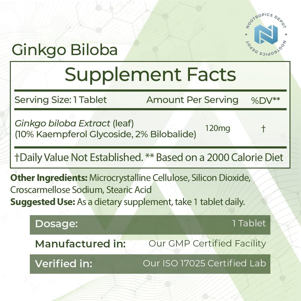 Nootropics Depot Ginkgo Biloba Extract Tablets | 120mg | 365 Count | Minimum 10% Kaempferol Glycoside + 2% Bilobalide | May Help Promote Cognitive & Cardiovascular Function