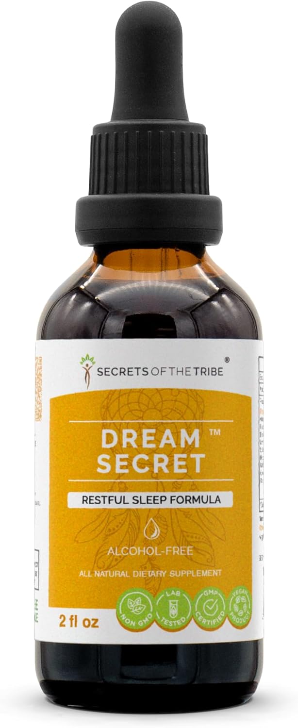 Secrets of the Tribe Dream Secret Alcohol-Free Extract, Tincture, Glycerite Valerian, Passionflower, Lavender, St. John's Wort, California Poppy, Chamomile. Restful Sleep Formula (2 FL OZ)