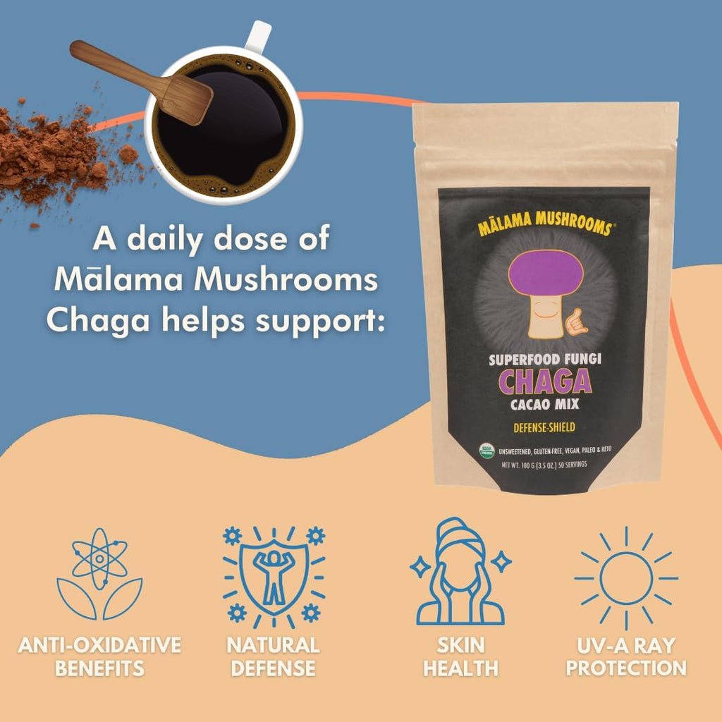 Malama Organic Mushroom Hot Cacao Mix, Chaga Mushroom Powder with Fair Trade Cacao for Immune & Antioxidant Support – Vegan Supplement & Superfood, Non GMO, 3.5 oz (50 Servings)