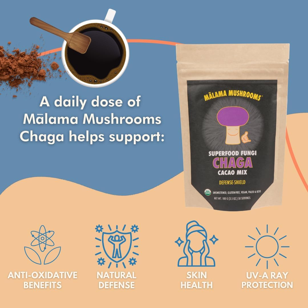 Malama Organic Mushroom Hot Cacao Mix, Chaga Mushroom Powder with Fair Trade Cacao for Immune & Antioxidant Support – Vegan Supplement & Superfood, Non GMO, 3.5 oz (50 Servings)