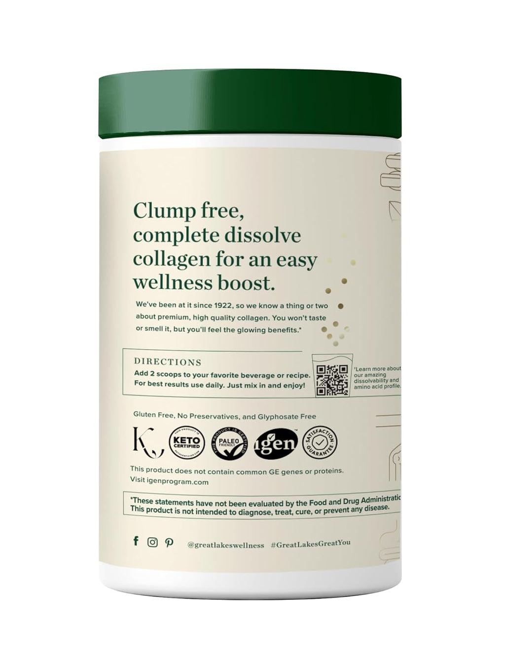 Great Lakes Wellness Collagen Peptides Powder for Skin, Hair, Nails, Joints & Digestion - Unflavored - Quick Dissolve Hydrolyzed, Non-GMO, Keto, Kosher - 10 oz