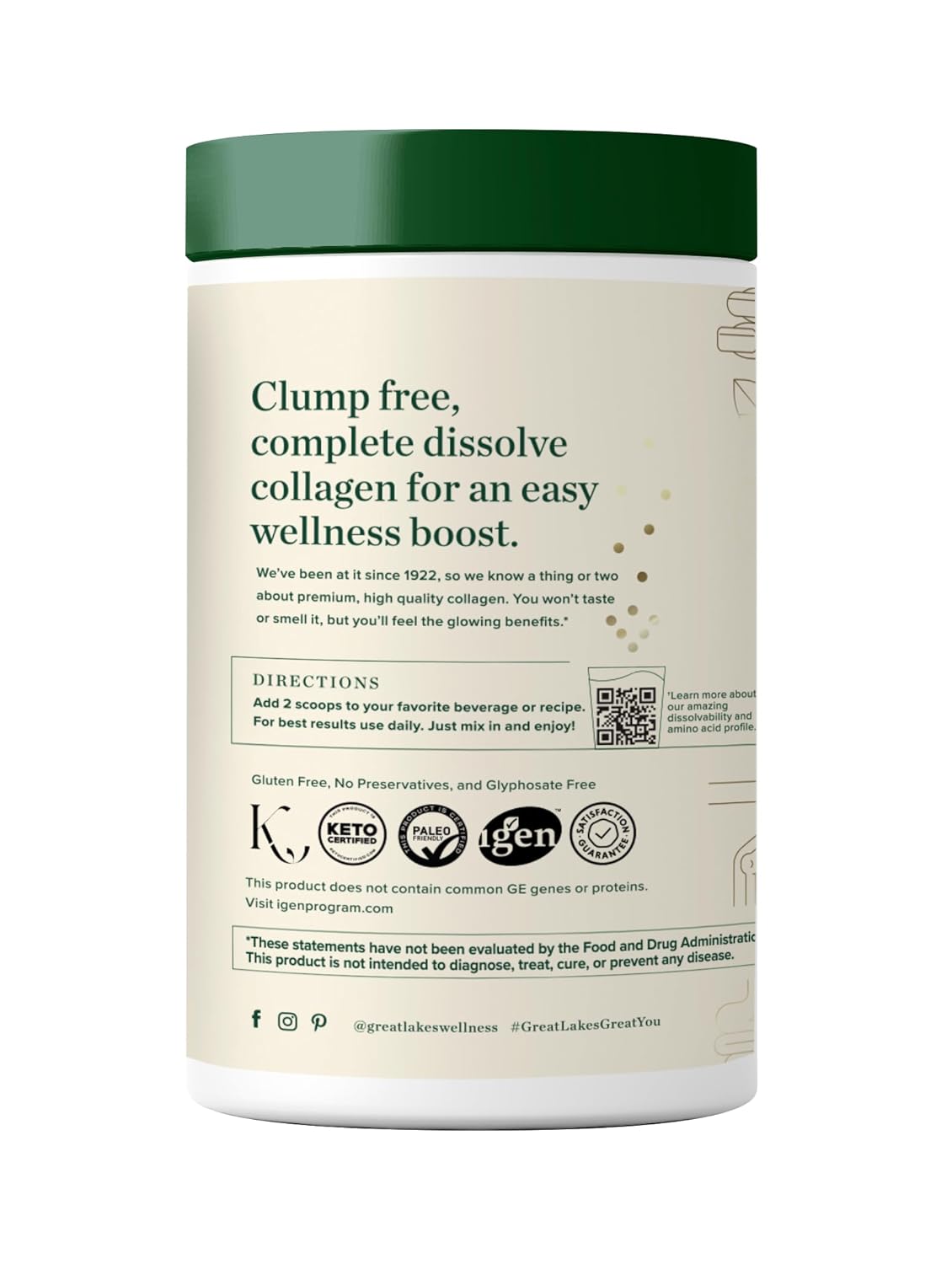 Great Lakes Wellness Collagen Peptides Powder for Skin, Hair, Nails, Joints & Digestion - Unflavored - Quick Dissolve Hydrolyzed, Non-GMO, Keto, Kosher - 10 oz