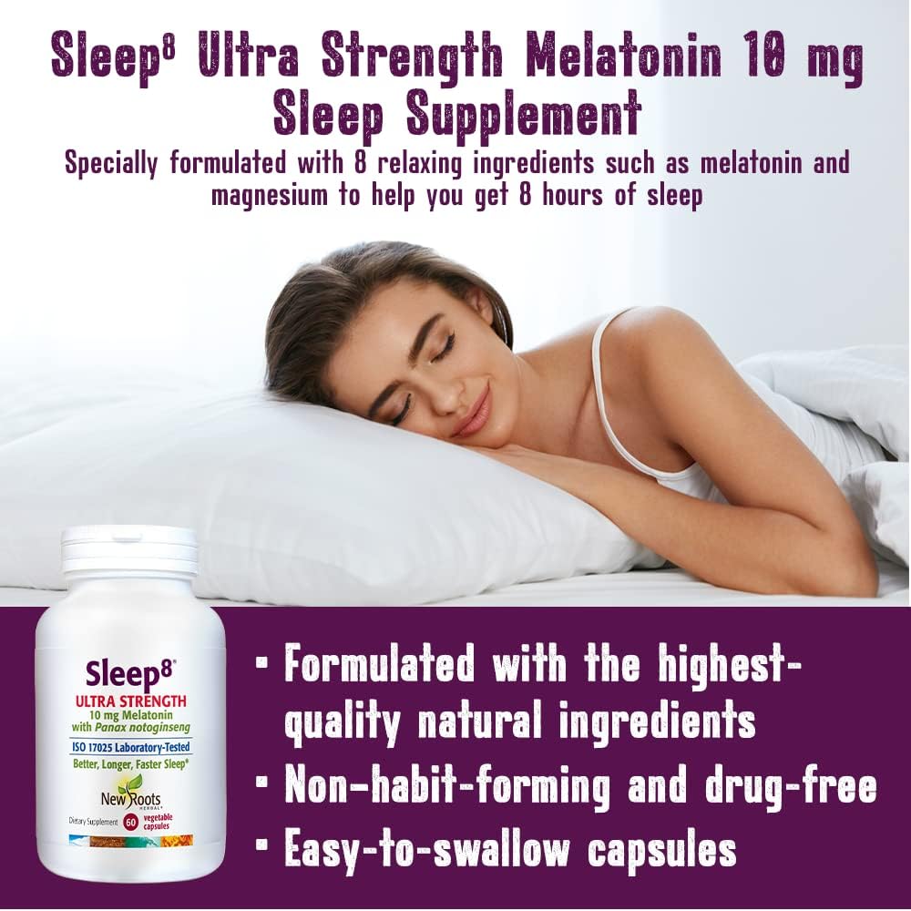 NEW ROOTS HERBAL Natural Sleep Supplement, 8-in-1 Ultra-Strenth Formula with Passion Flower, Chamomile, Hops, Panax Gingseng, Skullcap, Magnesium, 10 mg Melatonin (60 Veg Caps)